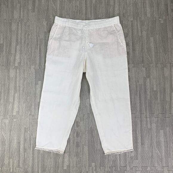 Talbots Pants Womens 4P Petite Snow Mid Rise Linen Elastic Waist Pom Pom Pocket - Picture 2 of 11